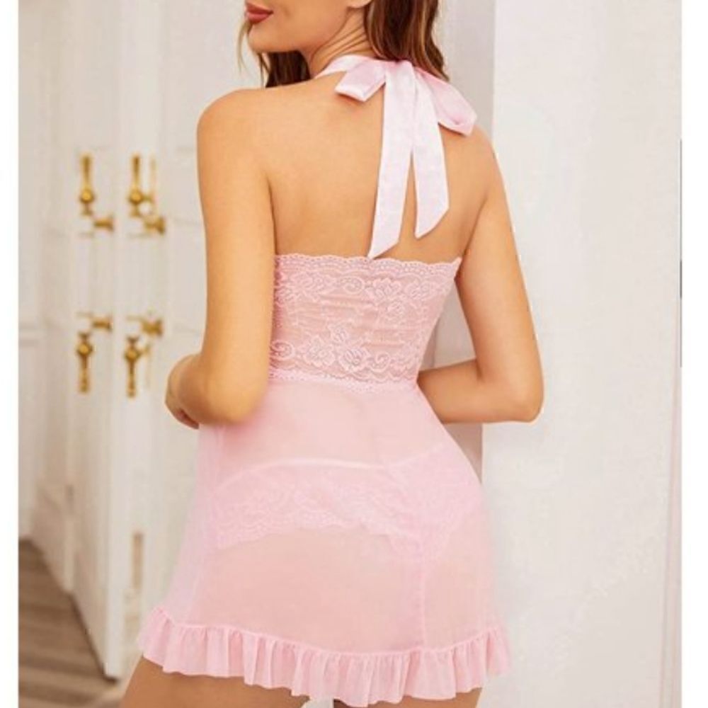 NWT Pink Sheer Lace Halter Tie Fly Away Babydoll Chemise Lingerie M